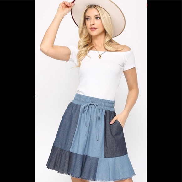 Dresses & Skirts - Denim color block, drawstring tie skirt